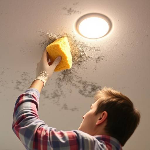 A person cleaning a mold stain on a ceiling with a sponge and cleaning solution